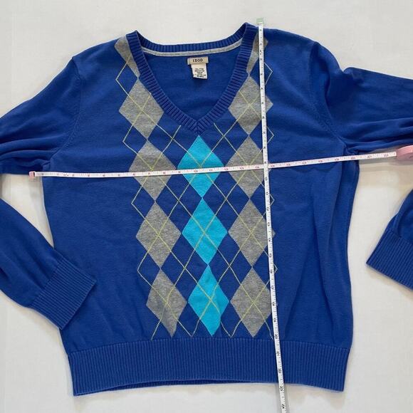 IZOD Cotton Argyle Long Sleeve V-Neck Sweater, Blue, Gray, Y2K, Retro, Preppy XL - Picture 6 of 8